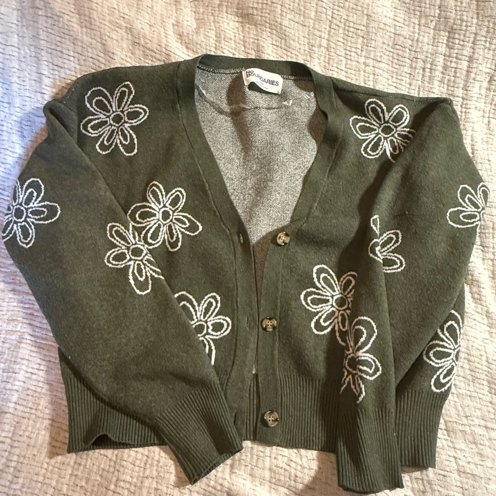 No Boundaries Olive Cardigan with White Floral Pattern